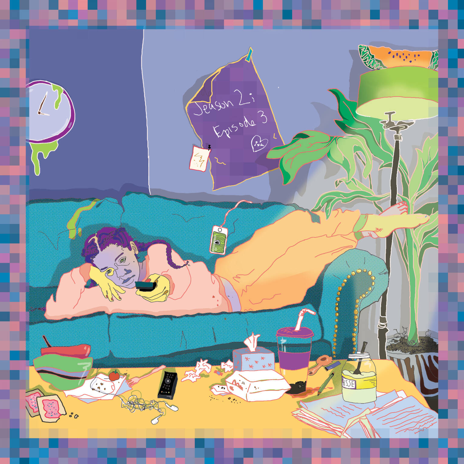 Digital print of a girl sitting on a couch with a remote in her hand, stretched out towards the viewer. Surrounding her are various food containers, plants, lantern etc. of a living room setting.